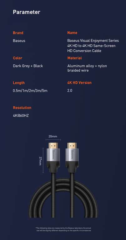 Кабель HDMI 2.0 Baseus Enjoyment Series (623₽ при оплате Ozon Картой)
