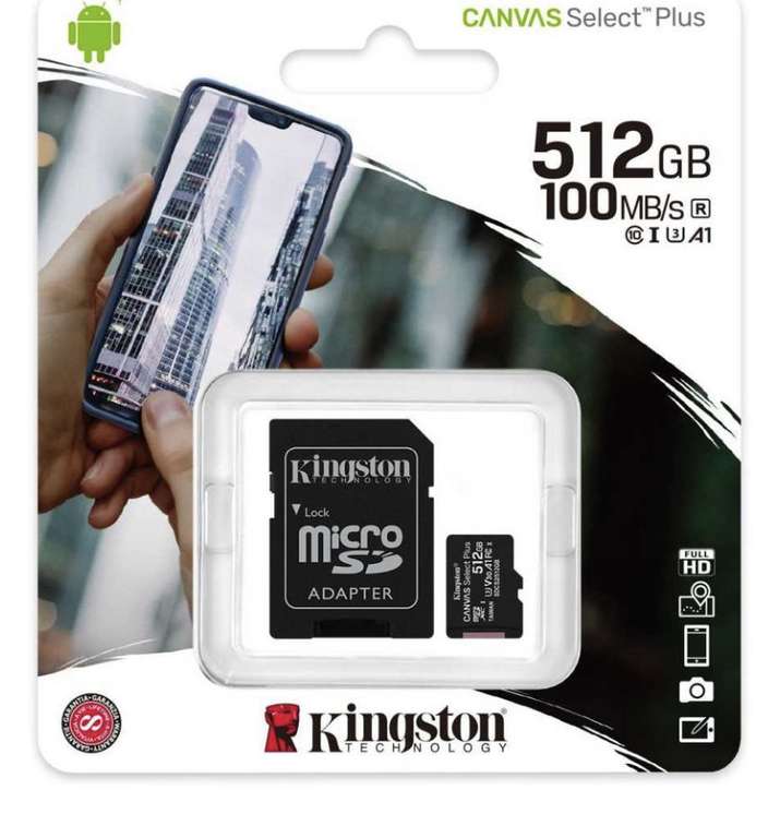 Карта памяти microSDXC UHS-I U3 Kingston Canvas Select Plus 512 ГБ, 100 МБ/с, SDCS2/512GB, 1 шт., переходник SD