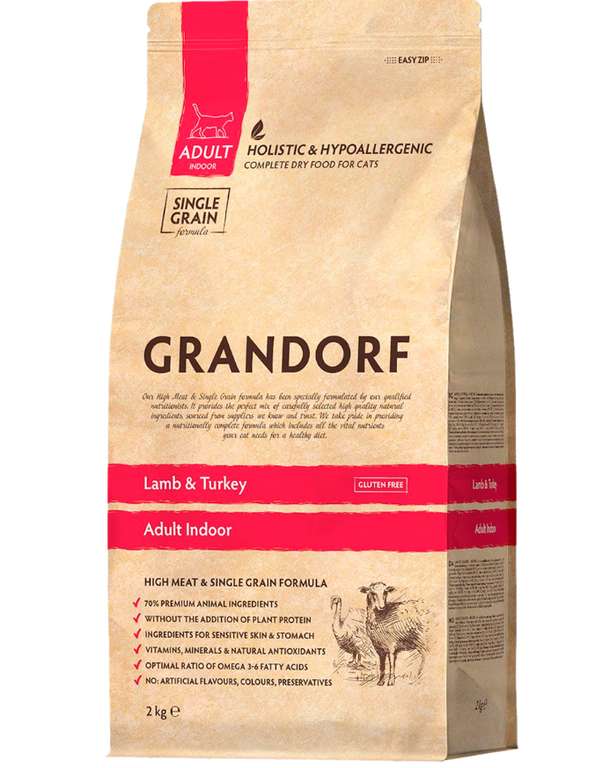 Сухой корм для кошек Grandorf Indoor, для домашних, ягненок, индейка, 2кг (плюс возврат до 42% спасибо)