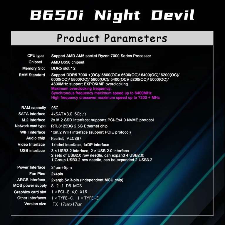 Материнская плата JGINYUE ITX B650i Night Devil AM5 Motherboard