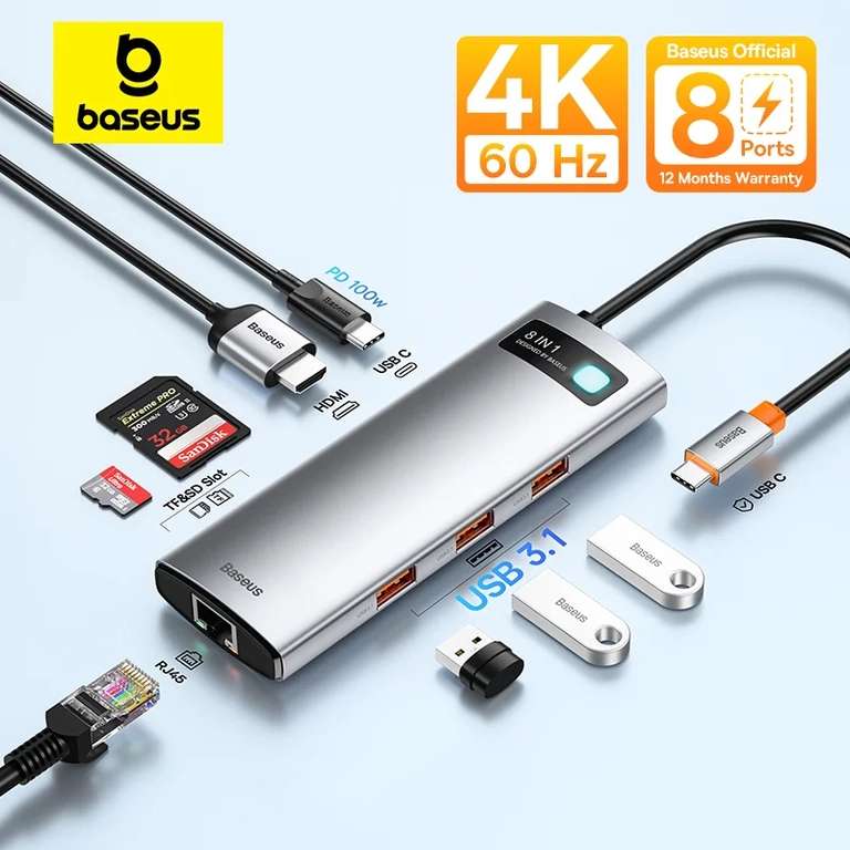 USB-концентратор Baseus 8-in-1, 10 Гбит/с, 4К@60Гц (и другие варианты)