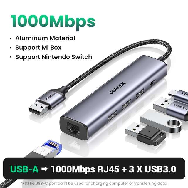 Ethernet-адаптер Ugreen с USB-HUB, 1000 Мбит/с, алюминий (USB 3.0 или Type-C)