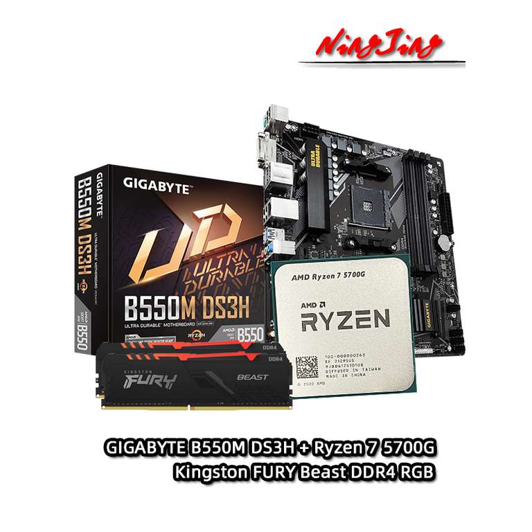Материнская плата AMD Ryzen 7 R7 5700G + GA B550M DS3H + Материнская плата Kingston FURY Beast DDR4 16 Гб (8 Гб * 2) 3200 МГц