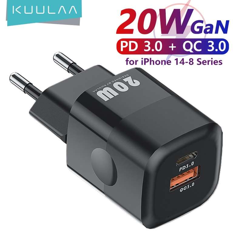 Зарядное устройство KUULAA GaN с двумя USB-портами и поддержкой быстрой зарядки, 20 Вт