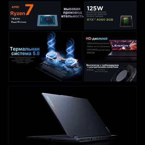 Ноутбук Lenovo Legion R7000 R7-7840H, RTX 4060, 16+512 Гб (из-за границы, цена с озон картой)