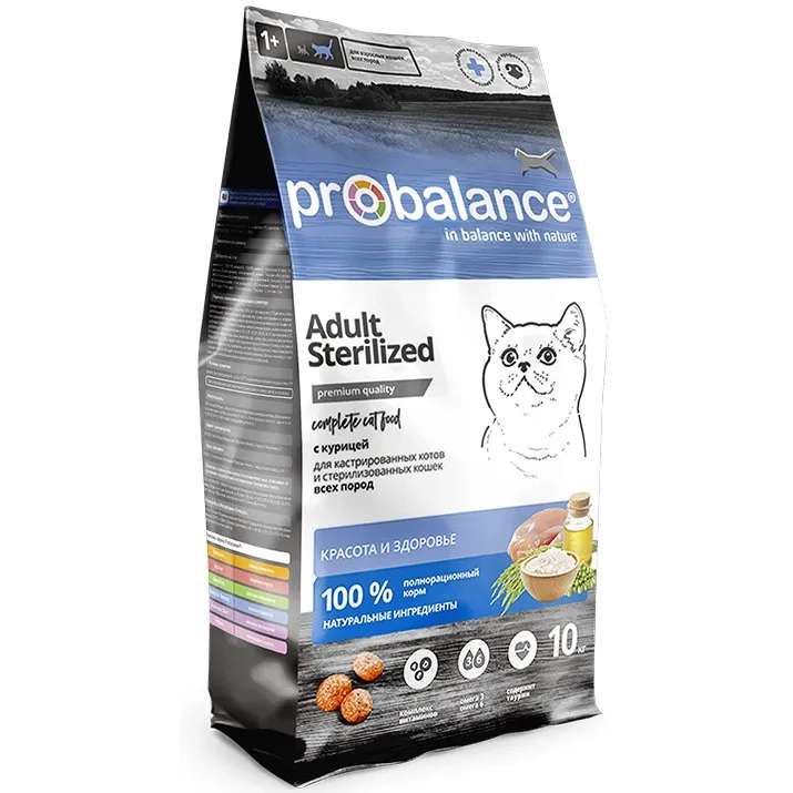 Корм сухой Probalance Sterilized для стерилизованных кошек и кастрированных котов, с курицей, 10 кг (цена с ozon картой)