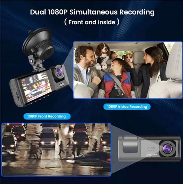 [11.11] Видеорегистратор с ИК-подсветкой и циклической записью ночного видения и 2-дюймовым IPS-экраном, 1080P, 2 камеры