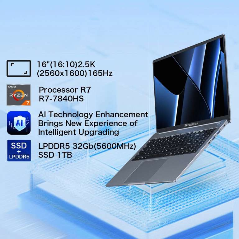 Ноутбук Reletech X16 Extreme Pro, 16", 2560x1600, AMD R7-7840HS, 32GB, SSD 1024GB, AMD Radeon 780M