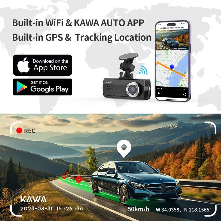 Автомобильный видеорегистратор KAWA D8 (2 камеры, экран, wi-fi, суперконденсатор)