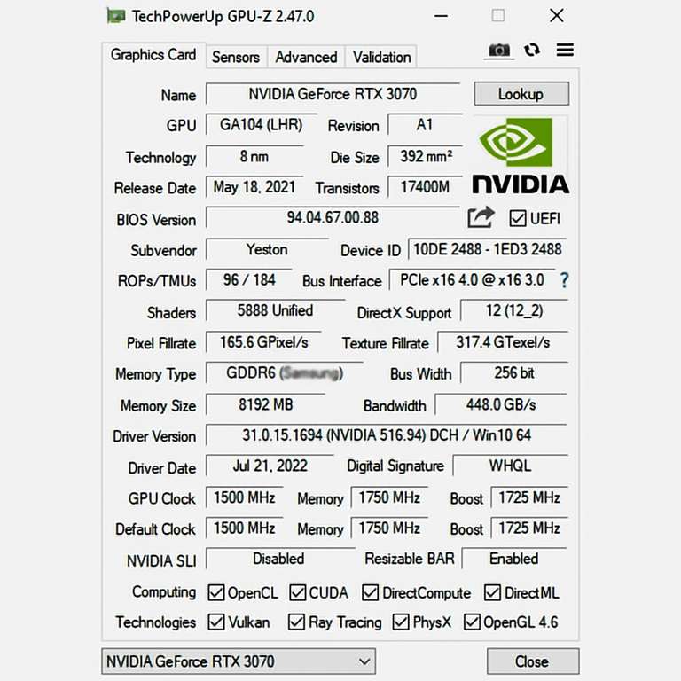 Видеокарта Yeston RTX 3070 8 ГБ