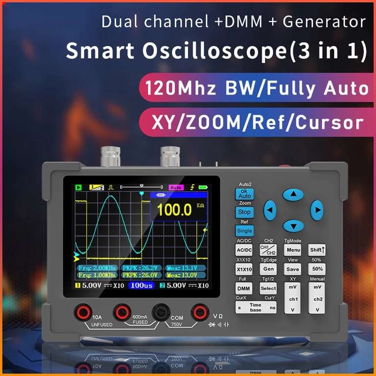 Двухканальный осциллограф c генератором и мультиметром Kkmoon DSO3D12, полоса 120Мгц