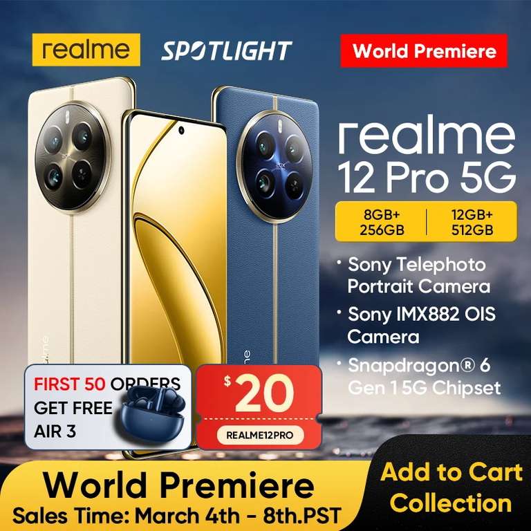 Смартфон Realme 12 Pro Русская версия, 8/256 Гб, бежевый и синий
