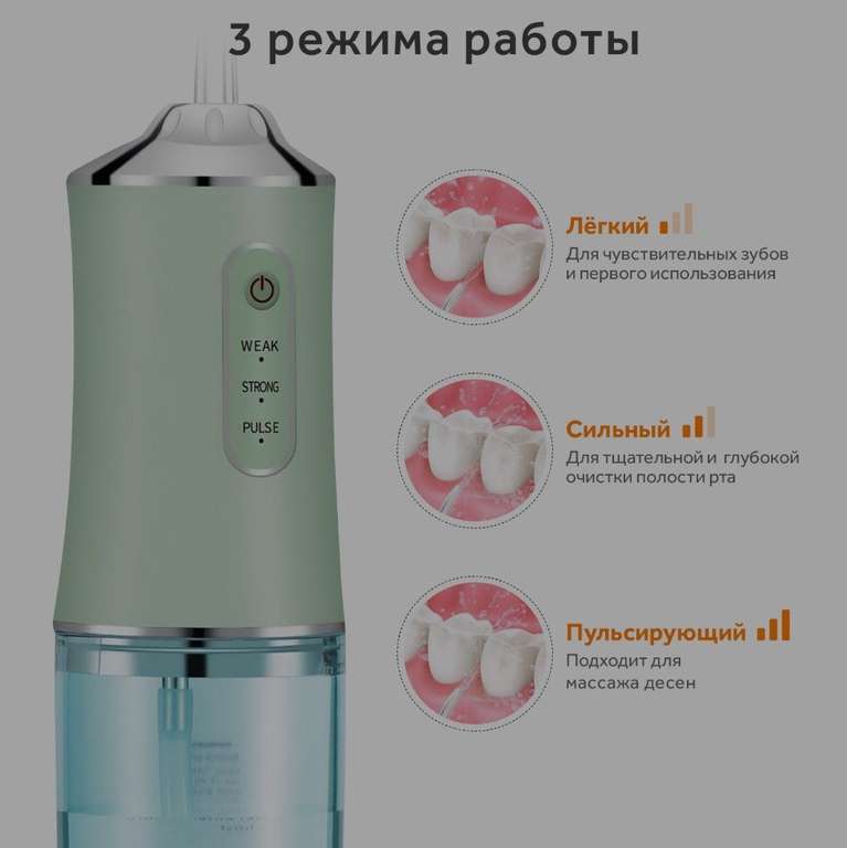 Портативный ирригатор Goodly Oral Irrigator PPS для полости рта и чистки зубов, 3 режима, 4 насадки, емкость 220 мл, зеленый
