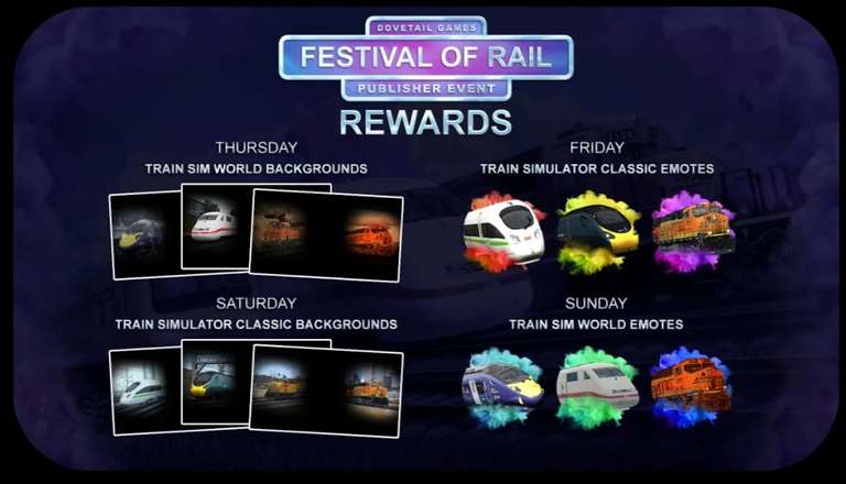 Бесплатные тематические эмоции и фоны профиля в Steam за просмотр трансляции Festival of Rail.
