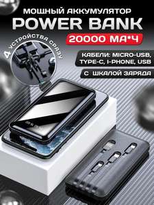 Power Bank на 20000 mah со встроенными кабелями Usb, Lightning, Type-C, Micro usb (по карте OZON)