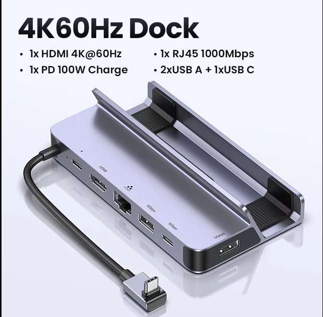 Док-станция UGREEN Revodok Steam Deck 9-в-1 USB-C до 4K60 Гц 10 Гбит/с USB-A&C 1000 Мбит/с RJ45 PD100W для игровой консоли ROG X