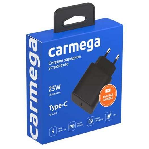 Сетевое зарядное устройство CARMEGA USB Type-C 25W PD QC 3.0 Black (CAR-WC105)