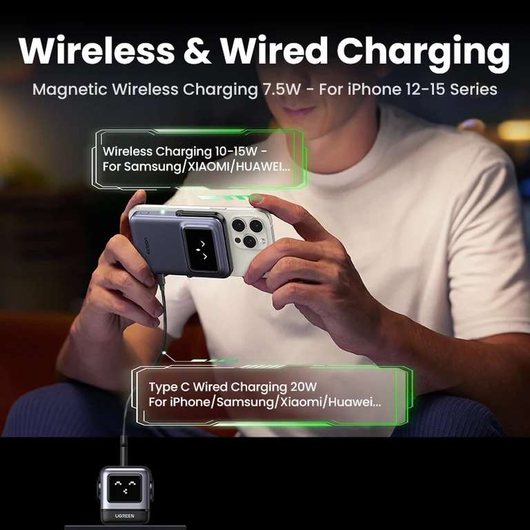 Внешний аккумулятор UGREEN Uno Magnetic Wireless, 20 Вт, 5000 мАч (10000 мАч за 3000₽)