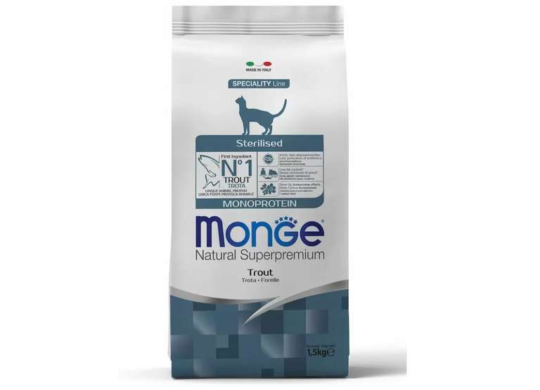 [СПб] Сухой корм для кошек Monge Monoprotein Sterilised Trout, для стерилизованных, форель,1,5кг + еще вкусы в описании