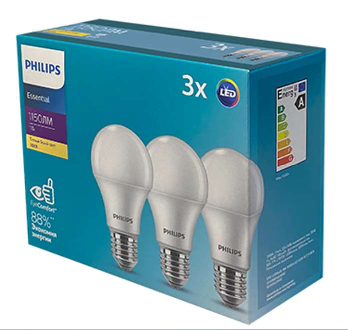 [Philips Essential LED], упаковка светодиодных ламп 3 шт., 11W, E27, 3000K