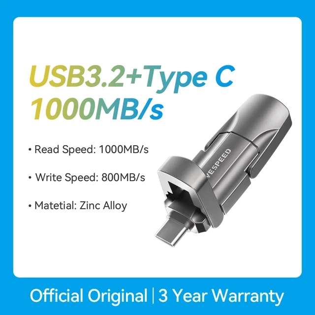 Флеш-накопитель MOVESPEED, 128 ГБ, 1000 Мб/с (USB-A/USB-C, металл)