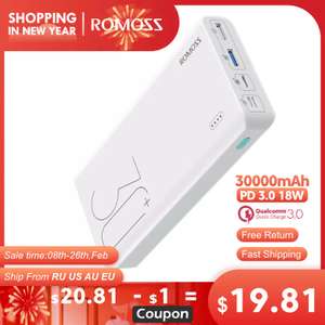 ROMOSS Sense 8 + внешний аккумулятор Пауэр банк 30000 мАч QC PD 3,0 Быстрая зарядка